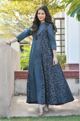 JAGVI INDIGO BLOCK PRINTED FLARED DRESS