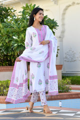 FAIHA CHANDERI BLOCK PRINTED KURTA SET