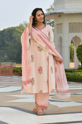 AANIYA FLORAL MOTIFS BLOCK PRINTED KURTA-PLAZZO & DUPATTA SET