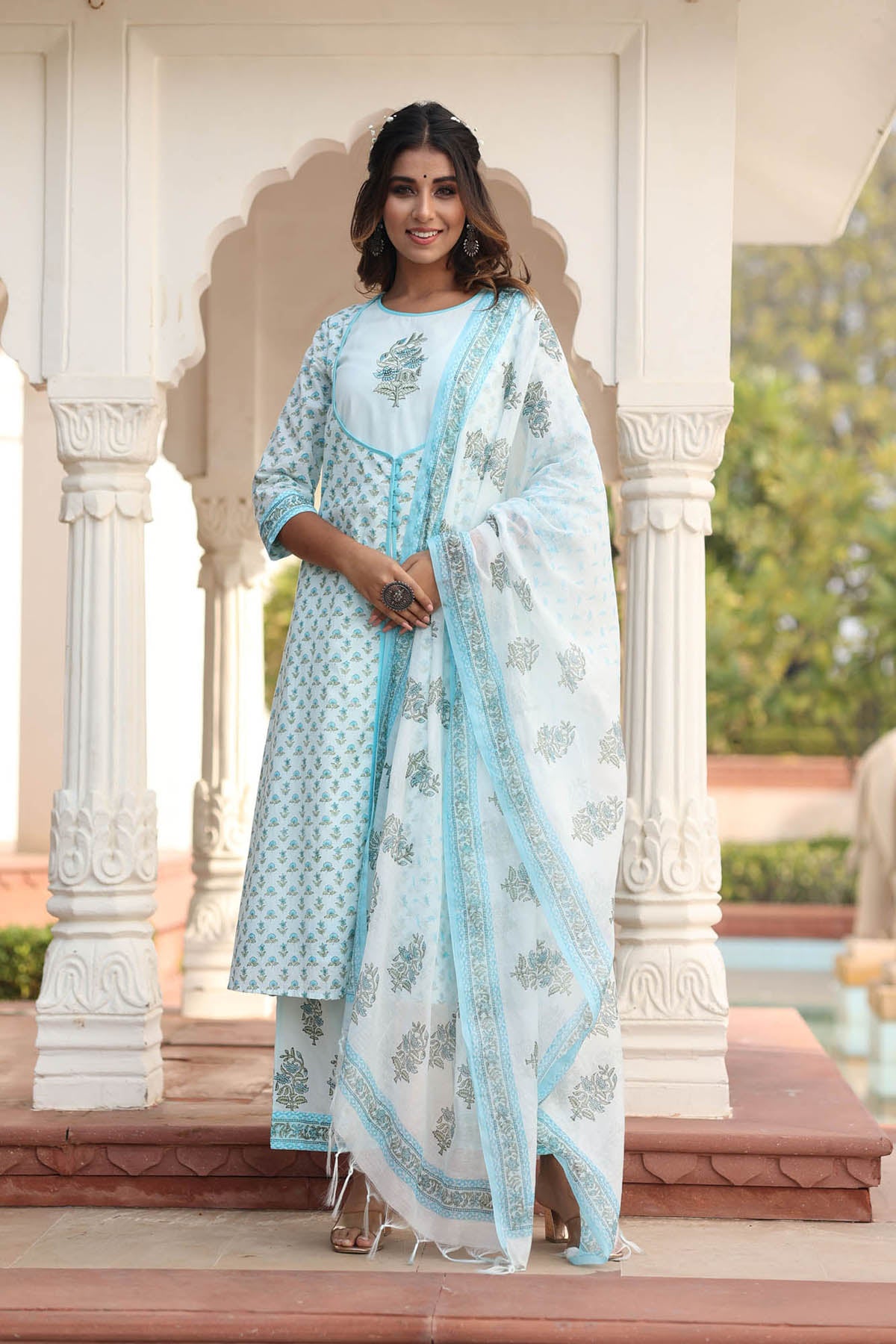 HIRAL FLORAL MOTIFS BLOCK PRINTED KURTA-PLAZZO & DUPATTA SET
