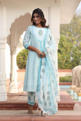 HIRAL FLORAL MOTIFS BLOCK PRINTED KURTA-PLAZZO & DUPATTA SET