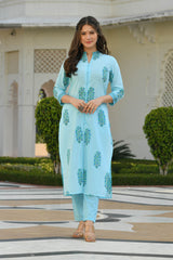EKAJA FLORAL-STRIPPED BLOCK PRINTED KURTA-PANTS & DUPATTA SET