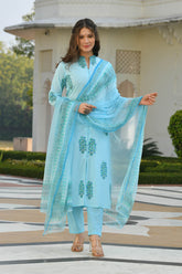 EKAJA FLORAL-STRIPPED BLOCK PRINTED KURTA-PANTS & DUPATTA SET