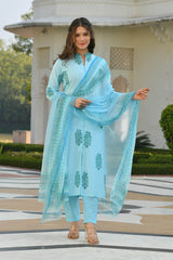 EKAJA FLORAL-STRIPPED BLOCK PRINTED KURTA-PANTS & DUPATTA SET