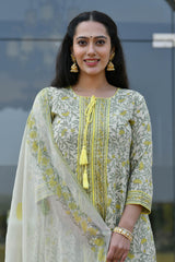 DALAJA FLORAL JAAL BLOCK PRINTED FIT & FLARED DRESS WITH DUPATTA