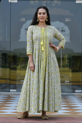 DALAJA FLORAL JAAL BLOCK PRINTED FIT & FLARED DRESS WITH DUPATTA