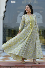 DALAJA FLORAL JAAL BLOCK PRINTED FIT & FLARED DRESS WITH DUPATTA