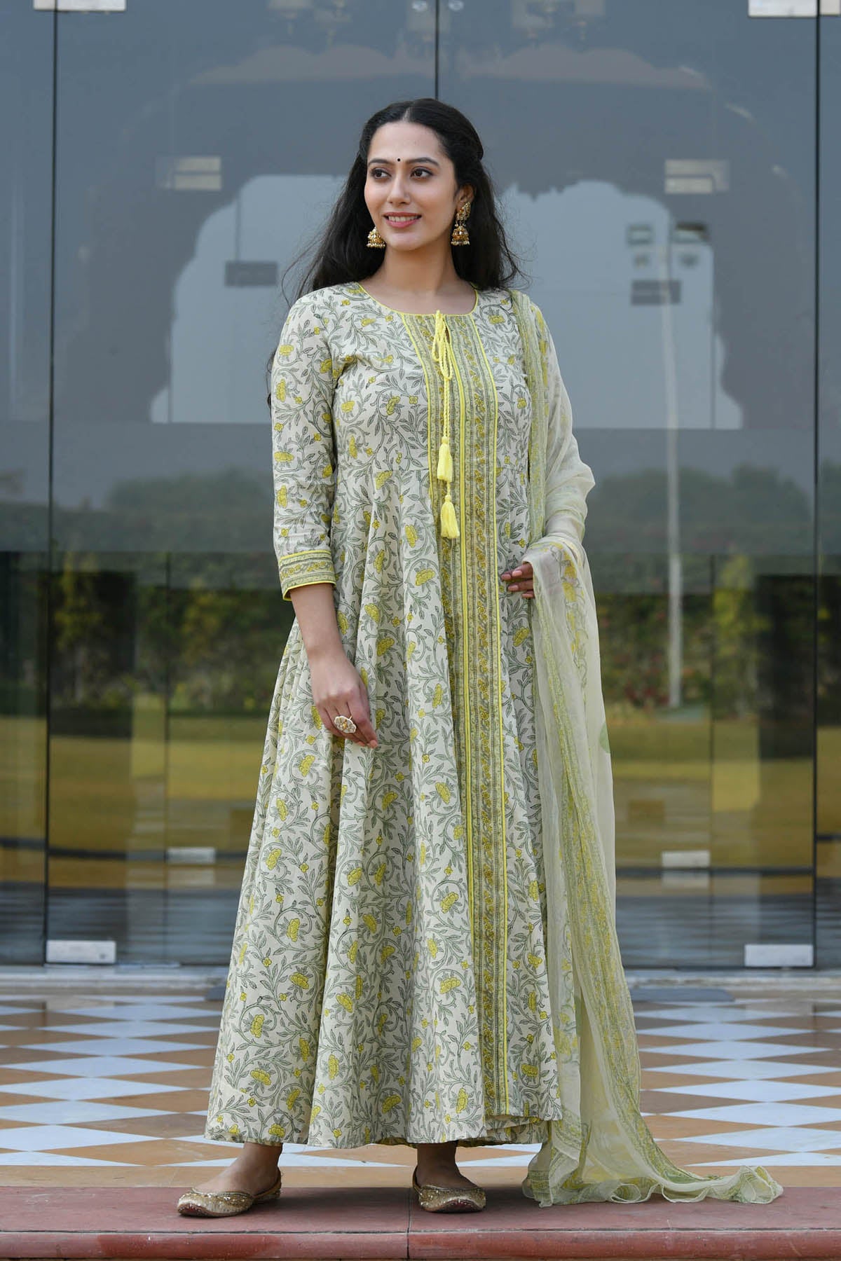 DALAJA FLORAL JAAL BLOCK PRINTED FIT & FLARED DRESS WITH DUPATTA