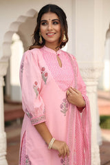 EDHITHA BLOCK PRINTED KURTA-PANELED PLAZZO & DUPATTA SET