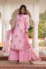 EDHITHA BLOCK PRINTED KURTA-PANELED PLAZZO & DUPATTA SET