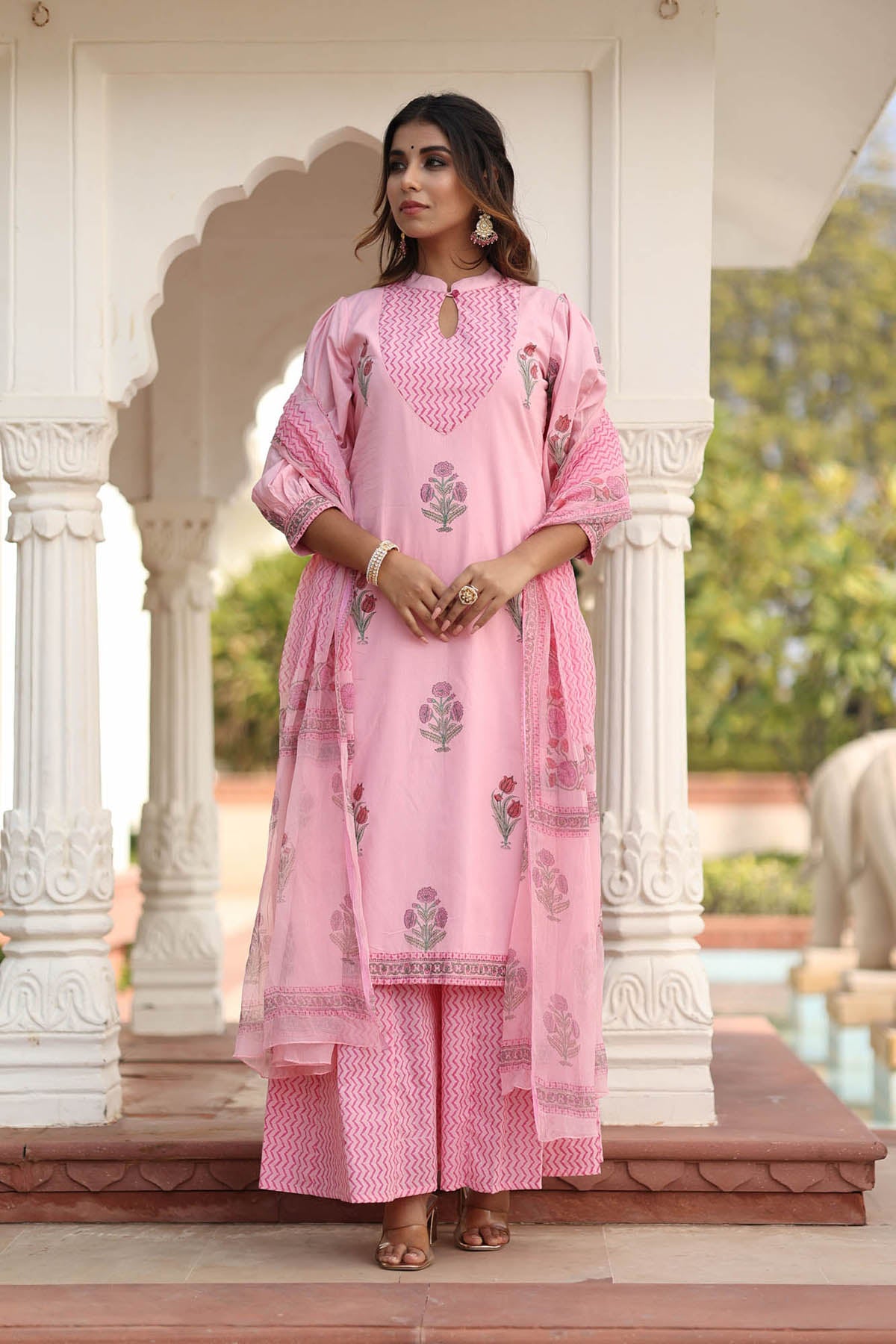 EDHITHA BLOCK PRINTED KURTA-PANELED PLAZZO & DUPATTA SET