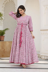 VYANJANA FLORAL JAAL BLOCK PRINTED FIT & FLARED DRESS