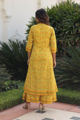 USHARVI FLORAL JAAL BLOCK PRINTED TOP-PANELED PLAZZO & SHRUG SET