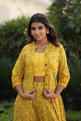 USHARVI FLORAL JAAL BLOCK PRINTED TOP-PANELED PLAZZO & SHRUG SET