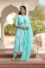 VRITTI FLORAL MOTIFS BLOCK PRINTED KURTA-PANTS & DUPATTA SET