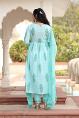 VRITTI FLORAL MOTIFS BLOCK PRINTED KURTA-PANTS & DUPATTA SET