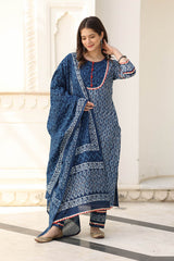 NILIMA NAVY BLOCK PRINTED KURTA-PANTS & DUPATTA SET