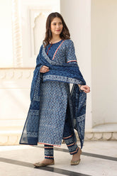 NILIMA NAVY BLOCK PRINTED KURTA-PANTS & DUPATTA SET