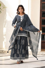 CHESHTA BLOCK PRINTED KURTI-FLARED PLAZZO & DUPATTA SET