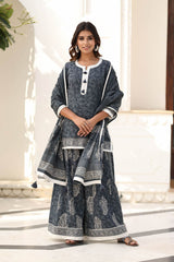 CHESHTA BLOCK PRINTED KURTI-FLARED PLAZZO & DUPATTA SET