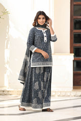 CHESHTA BLOCK PRINTED KURTI-FLARED PLAZZO & DUPATTA SET