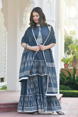 NAIRITI BLOCK PRINTED KURTI-SHARARA & DUPATTA SET