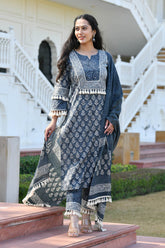 ADHUNA BLOCK PRINTED KURTA-PANTS & DUPATTA SET