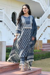 ADHUNA BLOCK PRINTED KURTA-PANTS & DUPATTA SET