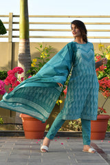AANAVI BLOCK PRINTED KURTA-PANTS & DUPATTA SET