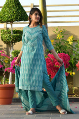 AANAVI BLOCK PRINTED KURTA-PANTS & DUPATTA SET