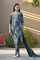 IDHIKA BLOCK PRINTED KURTA-PANTS & DUPATTA SET