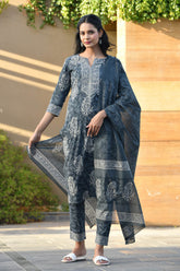 IDHIKA BLOCK PRINTED KURTA-PANTS & DUPATTA SET