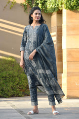 IDHIKA BLOCK PRINTED KURTA-PANTS & DUPATTA SET