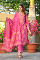 ABHATI BLOCK PRINTED KURTA-PANTS & DUPATTA SET