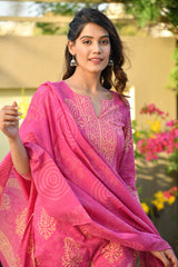 ABHATI BLOCK PRINTED KURTA-PANTS & DUPATTA SET