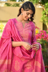 ABHATI BLOCK PRINTED KURTA-PANTS & DUPATTA SET