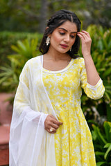 MAIZE YELLOW TIE DYED & BLOCK PRINTED PANELED KURTA-PLAZZO & DUPATTA