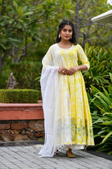 MAIZE YELLOW TIE DYED & BLOCK PRINTED PANELED KURTA-PLAZZO & DUPATTA