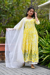 MAIZE YELLOW TIE DYED & BLOCK PRINTED PANELED KURTA-PLAZZO & DUPATTA