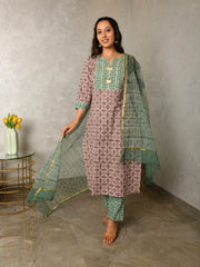 KRITI BLOCK PRINTED KURTA-PANTS & DUPATTA SET