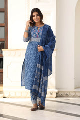YAHVI BLUE BLOCK PRINTED KURTA-PANTS & DUPATTA SET