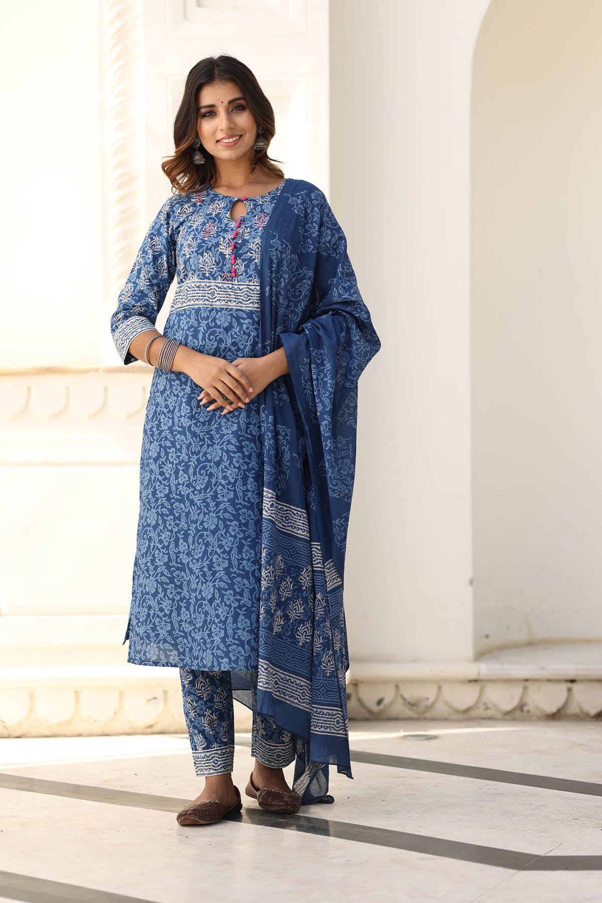 YAHVI BLUE BLOCK PRINTED KURTA-PANTS & DUPATTA SET