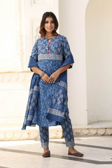 YAHVI BLUE BLOCK PRINTED KURTA-PANTS & DUPATTA SET
