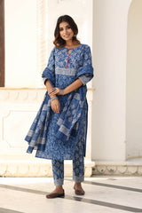 YAHVI BLUE BLOCK PRINTED KURTA-PANTS & DUPATTA SET