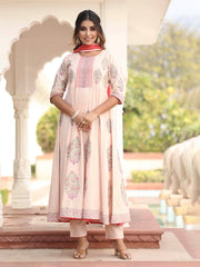 MULMUL GEETIKA FLORAL MOTIFS BLOCK PRINTED FLARED KURTA-PANTS & DUPATTA SET