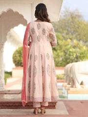 MULMUL GEETIKA FLORAL MOTIFS BLOCK PRINTED FLARED KURTA-PANTS & DUPATTA SET