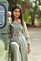 SAGE GREY CROP TOP WITH FLARED PANTS