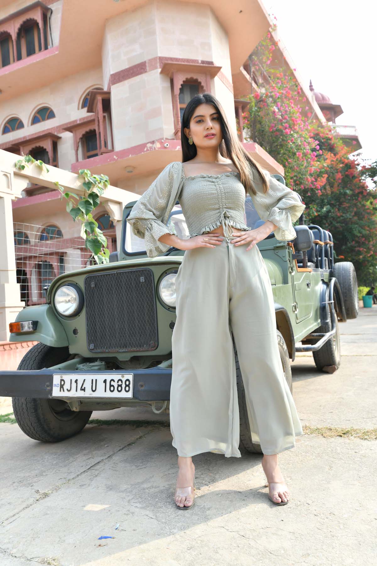 SAGE GREY CROP TOP WITH FLARED PANTS