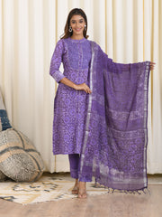 MULMUL AARYA BLOCK PRINTED KURTA-PANTS & DUPATTA SET