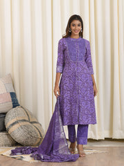 MULMUL AARYA BLOCK PRINTED KURTA-PANTS & DUPATTA SET